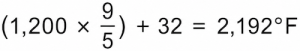 Example calculation converting 1,200 degrees Celsius to 2,192 degrees Fahrenheit.