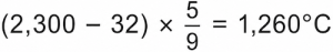 Example calculation converting 2,300 degrees Fahrenheit to 1,260 degrees Celsius.