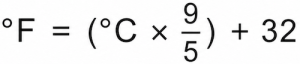 Formula for converting Celsius to Fahrenheit: degrees Fahrenheit equals degrees Celsius multiplied by nine-fifths, plus 32.