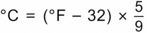 Formula for converting Fahrenheit to Celsius: degrees Celsius equals degrees Fahrenheit minus 32, multiplied by five-ninths.